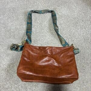 Brown Leather Shoulder Bag with Patterned Strap